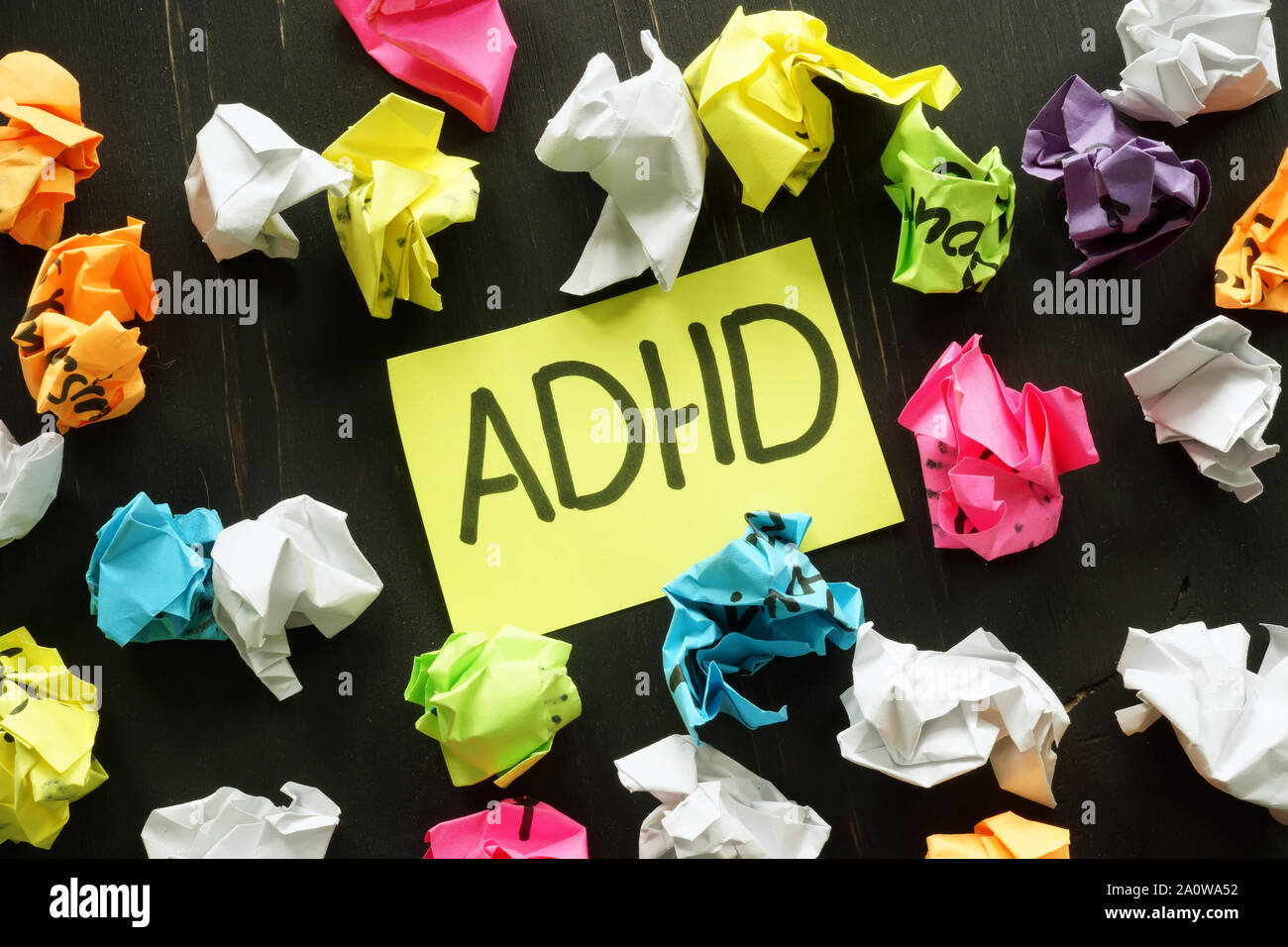 ADHD Attention deficit hyperactivity disorder sign and paper balls. Stock Photo