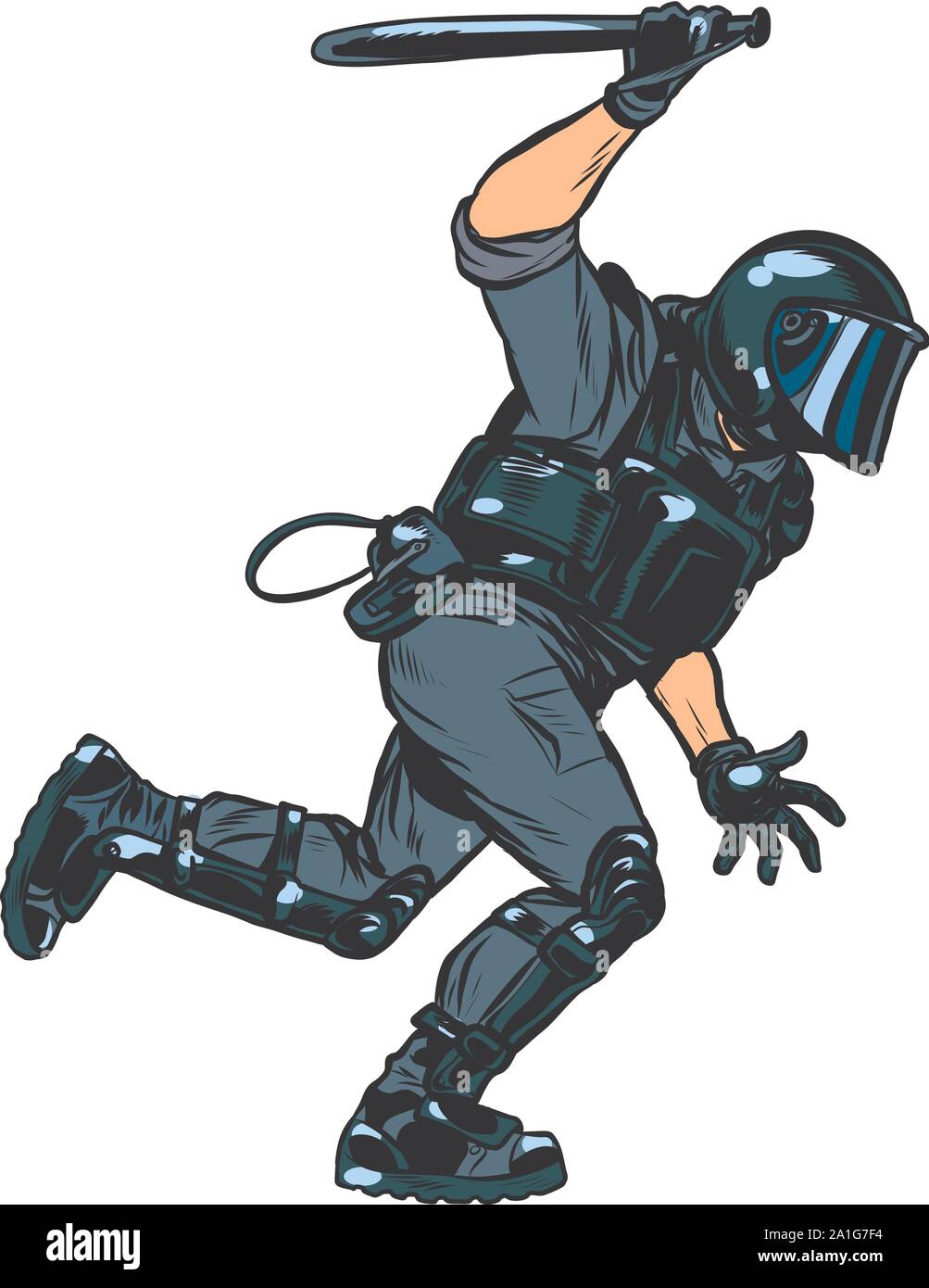 riot policeman attacks with a baton. police work. authoritarian and totalitarian regimes concept.Pop art retro vector illustration drawing Stock Vector