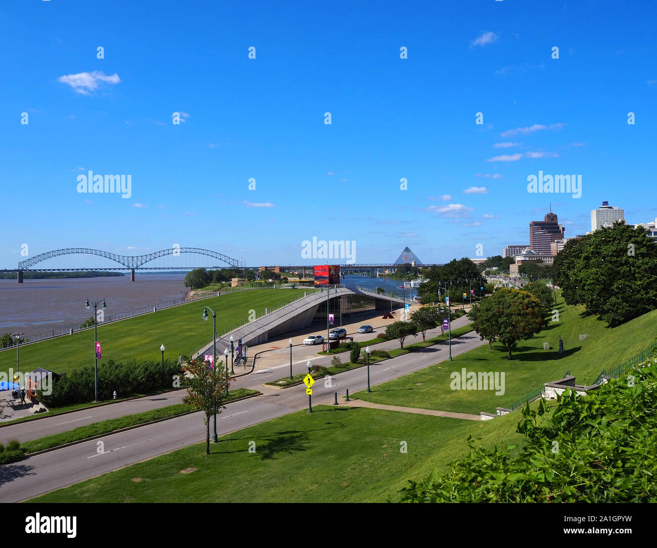 MEMPHIS, TENNESSEE - JULY 23, 2019: Looking out over Beale Street Landing and the Mississippi river from a hilltop about Riverside Drive on a summer d Stock Photo