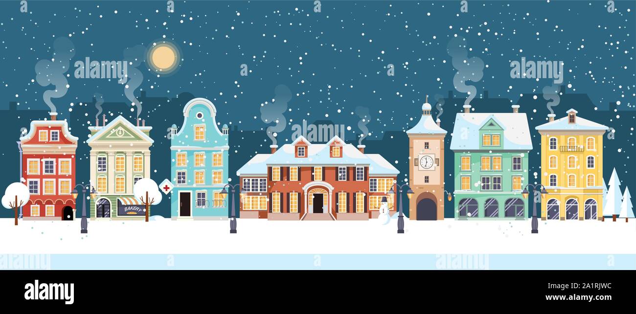 Snowy Christmas night in cozy town city panorama. Winter village holiday landscape, vector illustration Stock Vector