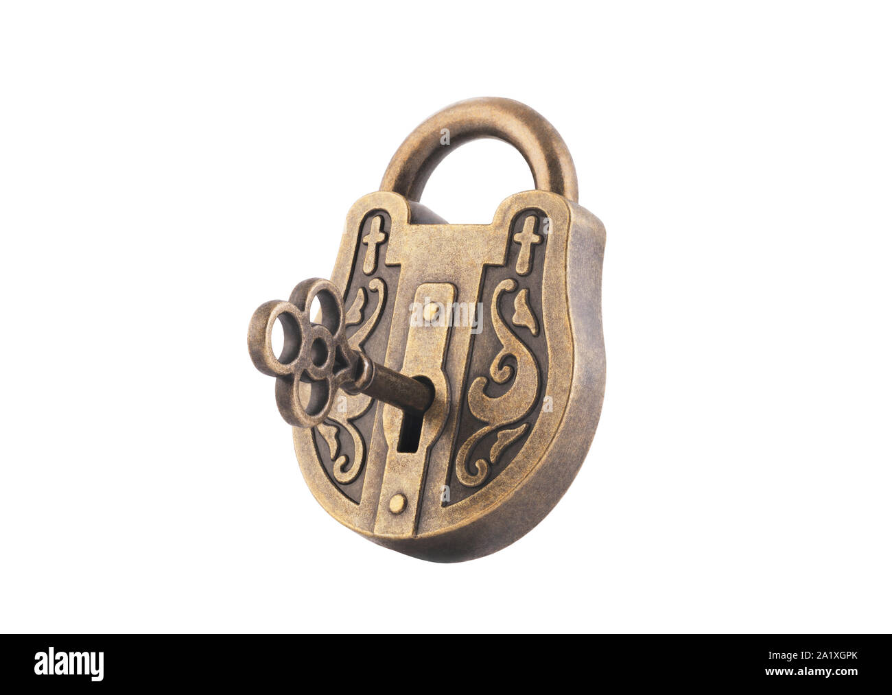 Vintage padlock and key isolated on white background with clipping path Stock Photo