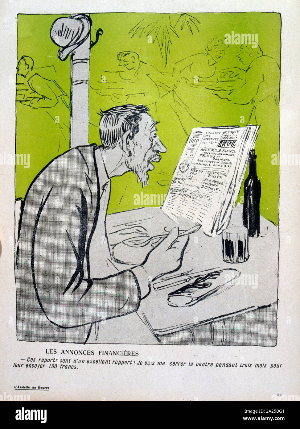 French satirical Illustration, showing a poor man reading a newspaper in a cafe Stock Photo