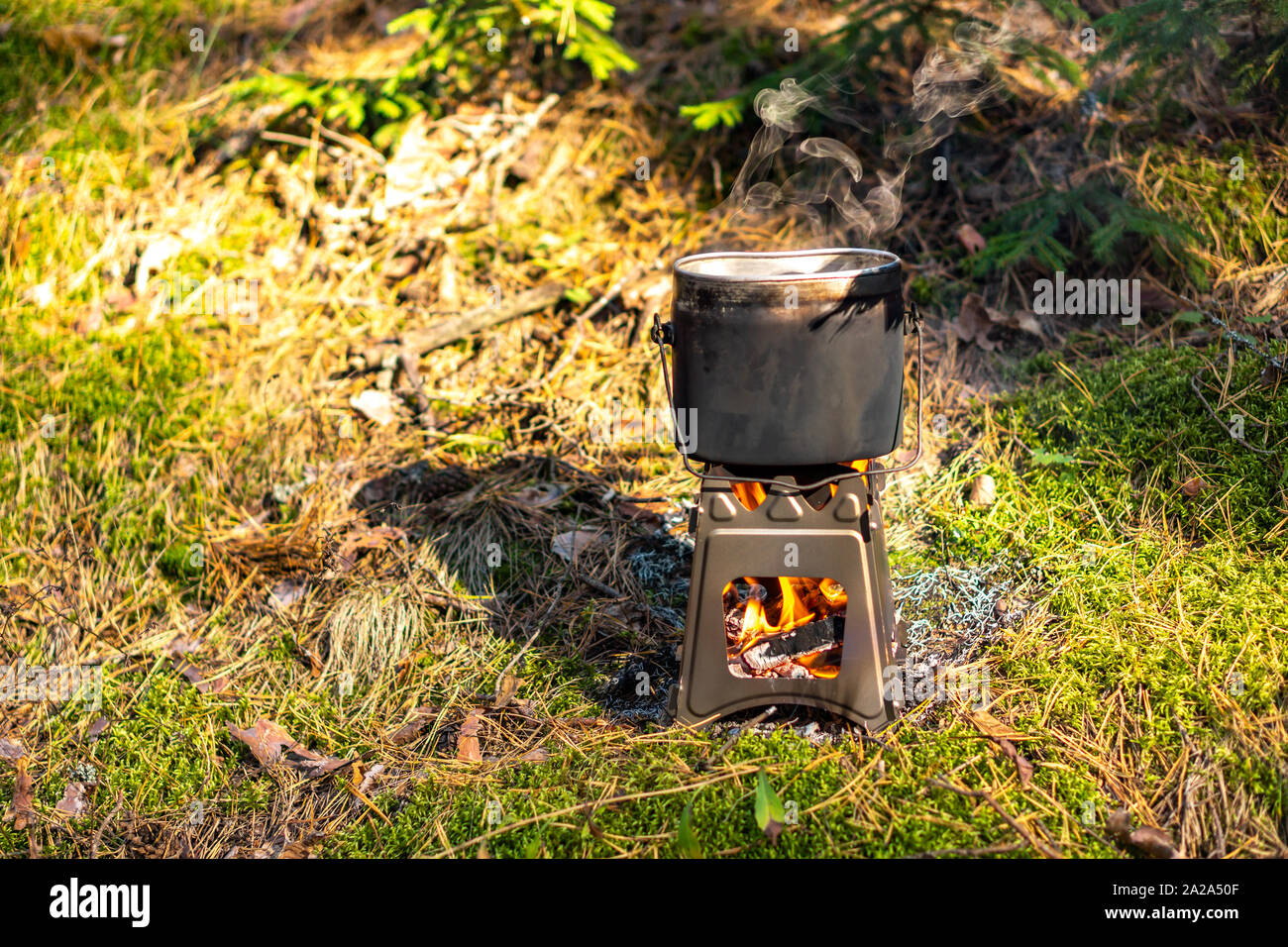 Pot boiling on wood burning twig stove outdoors Stock Photo