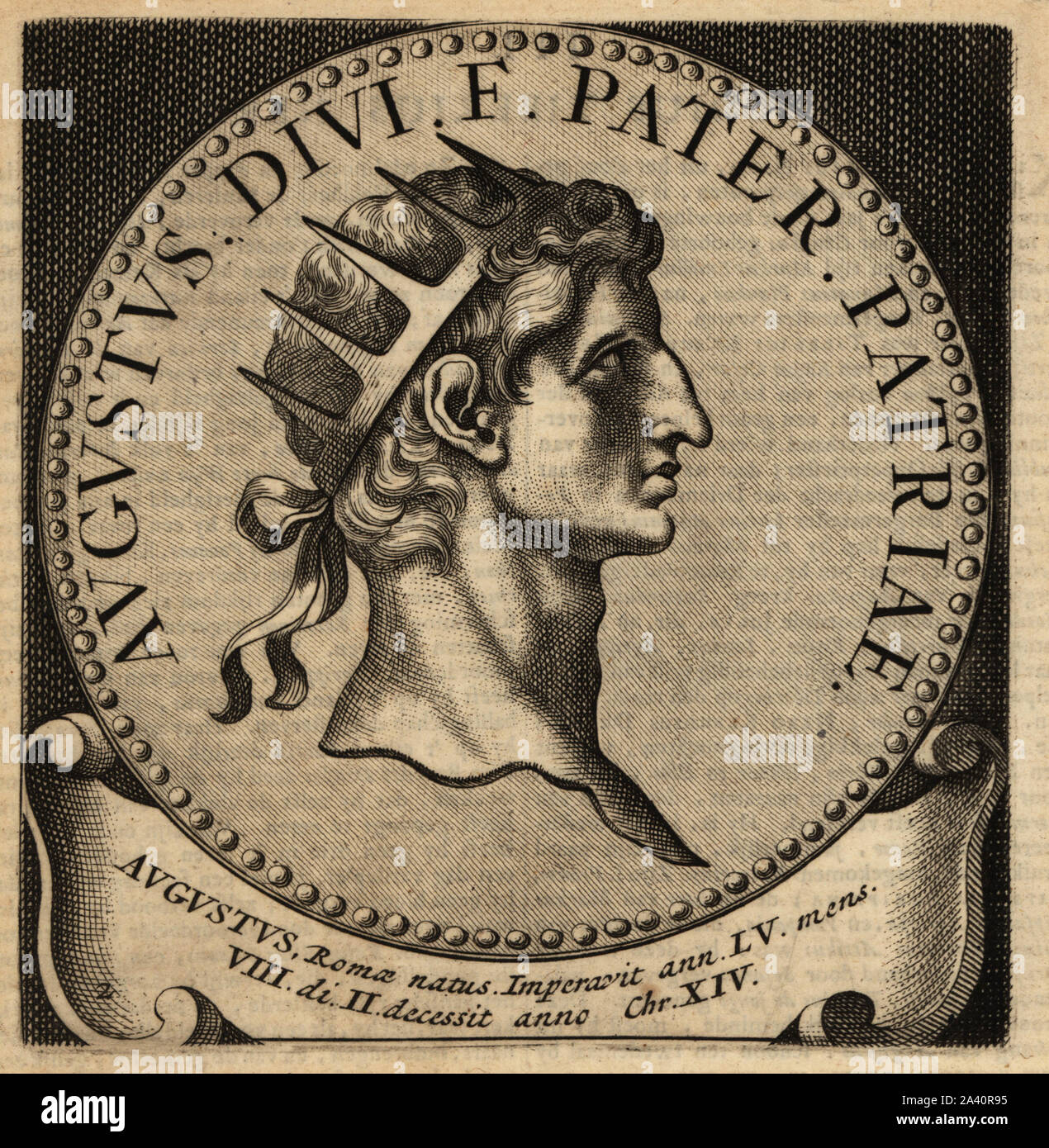 Roman Emperor Augustus, Imperator Caesar Divi filius Augustus, 63BC to AD14. Roman statesman and military leader. Copperplate engraving from Abraham Bogaert’s De Roomsche Monarchy, The Roman Monarchy, Francois Salma, Utrecht, 1697. Stock Photo