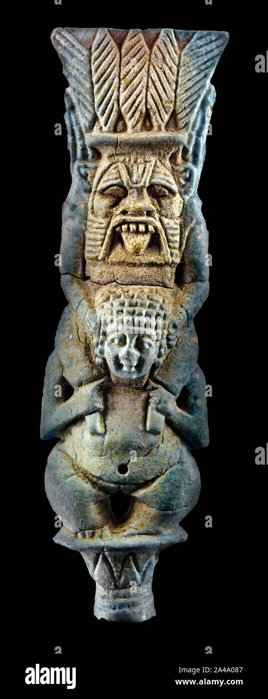 The Egyptian god Bes, protector of households on the shoulders of his wife Beset, Egypt, Egyptian. Stock Photo