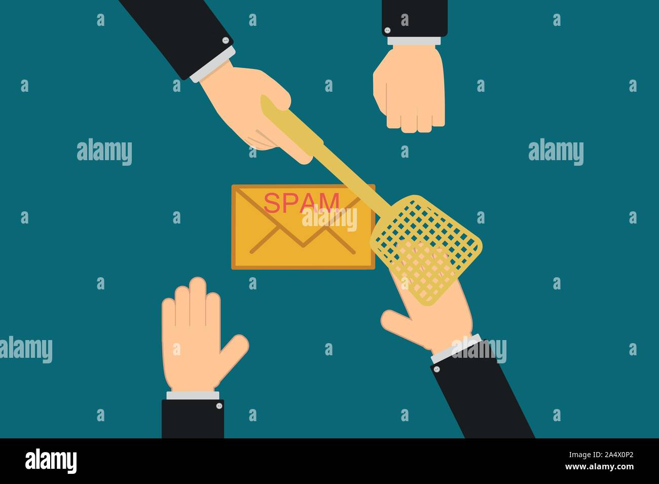 The executive hands prevent the employee from receiving and opening a spam mail, the concept of information security in companies, data protection on Stock Photo