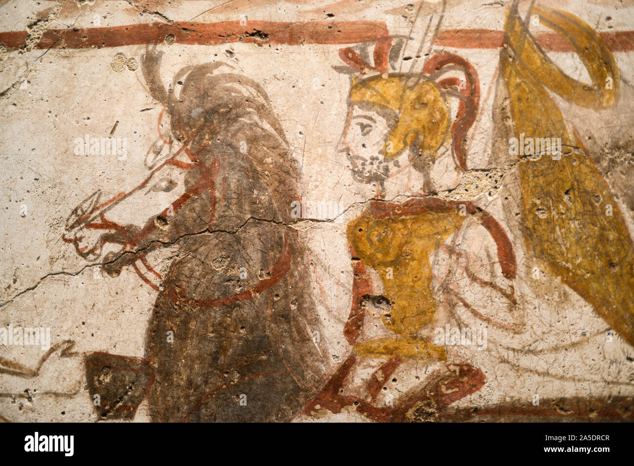 Lucanian Painted Tomb or Roman Painting of A Warrior's Homecoming or Roman Soldier or Cavalryman on Horseback Andriulo, Paestum 370-360BC Italy Stock Photo