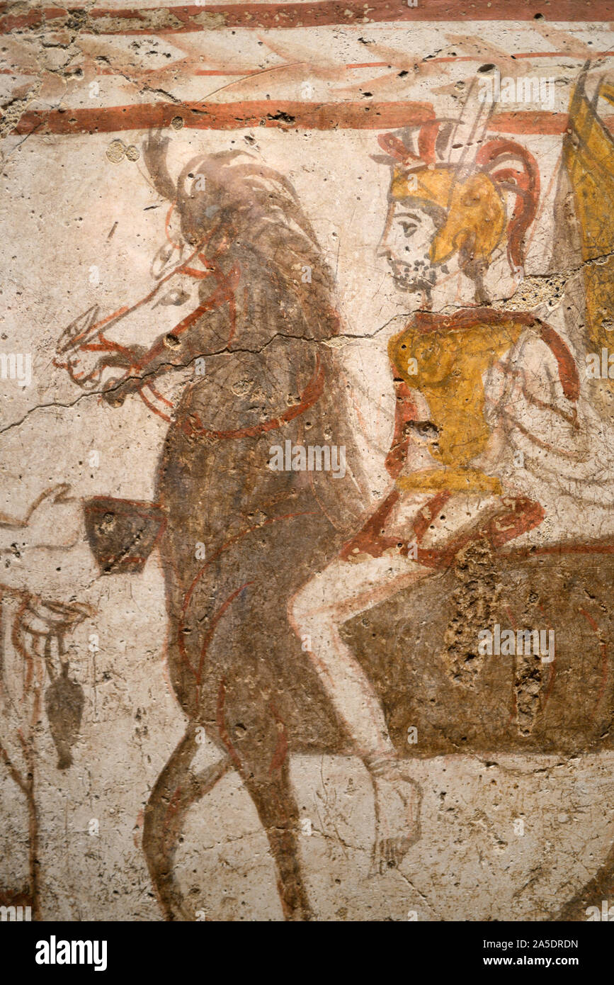 Lucanian Painted Tomb or Roman Painting of A Warrior's Homecoming or Roman Soldier or Cavalryman on Horseback Andriulo, Paestum 370-360BC Italy Stock Photo