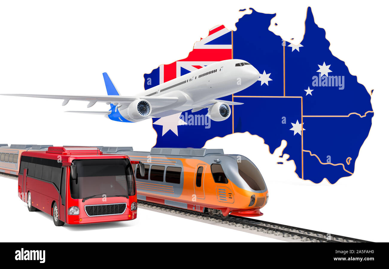 Passenger transportation in Australia by buses, trains and airplanes, concept. 3D rendering isolated on white background Stock Photo