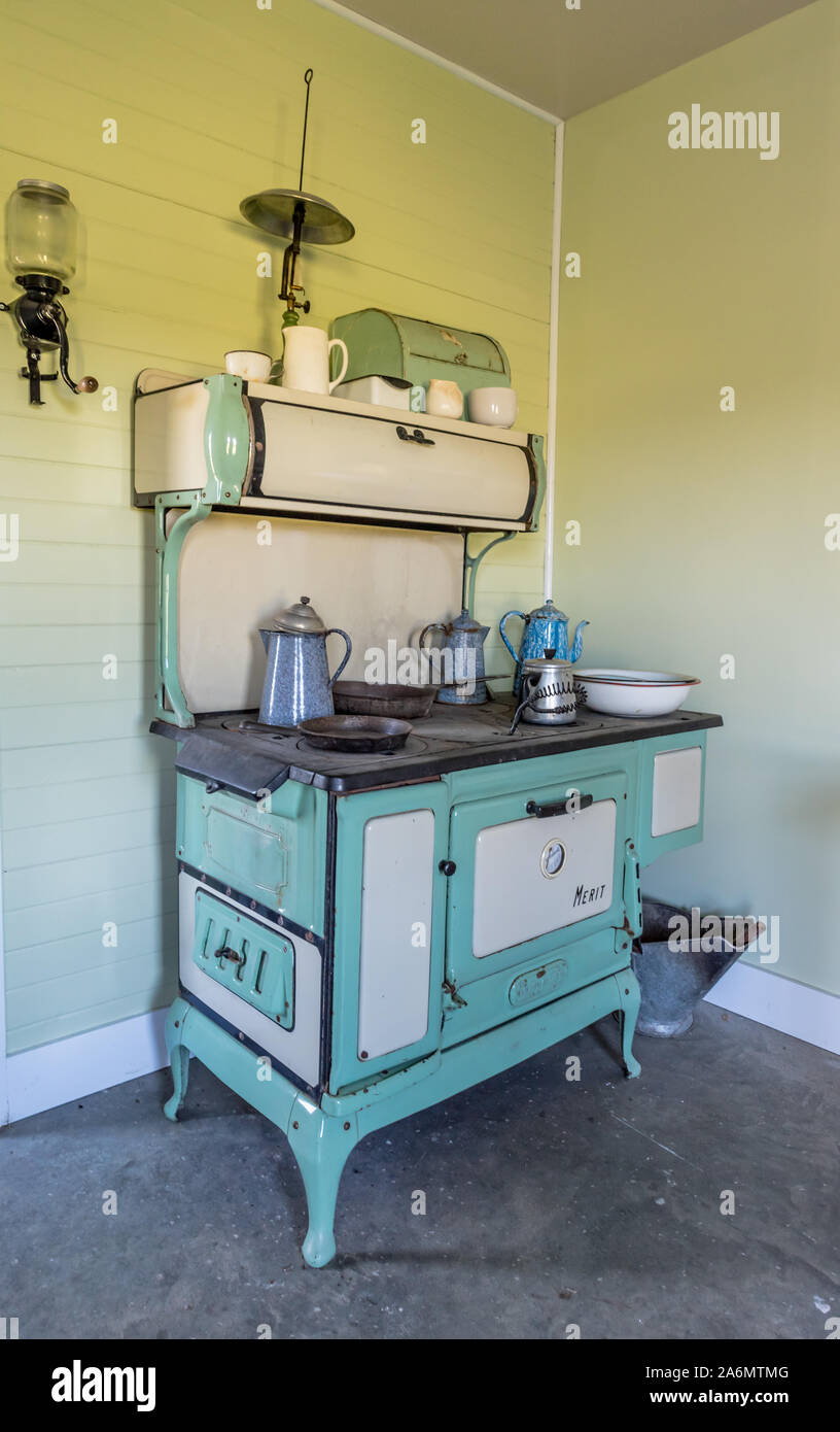 Swift Current, SK/Canada- July 29, 2019: Antique wood or coal burning cook-stove Stock Photo