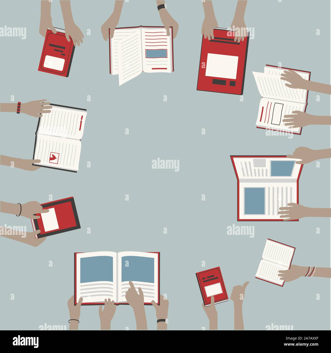 Children Hands Holding and Reading Library Books on Desk in red and blue, abstract concept, ideal for flyers - grouped easy to edit Stock Vector