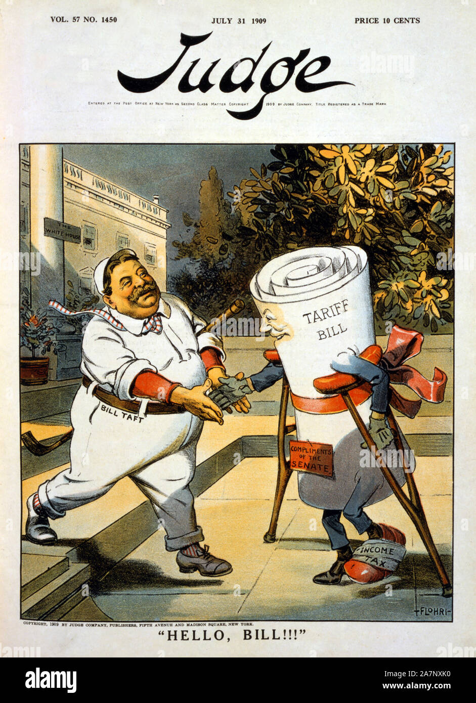 'Hello Bill!!!', Political Cartoon featuring U.S. President William Howard Taft coming from the White House, Carrying Golf Club, and Shaking hands with Crippled 'Tariff Bill', Judge Magazine, July 31, 1909 Stock Photo