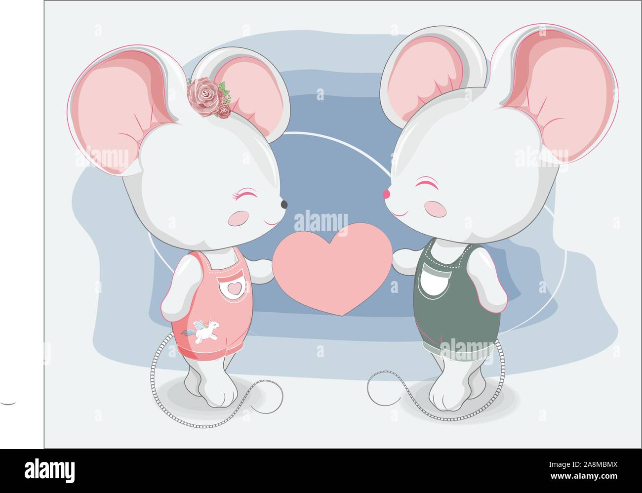 Little mouses couple boy and girl in jeans with pink heart . Picture in hand drawing style, for t-shirt wear fashion print design, greeting. Valentine Stock Vector