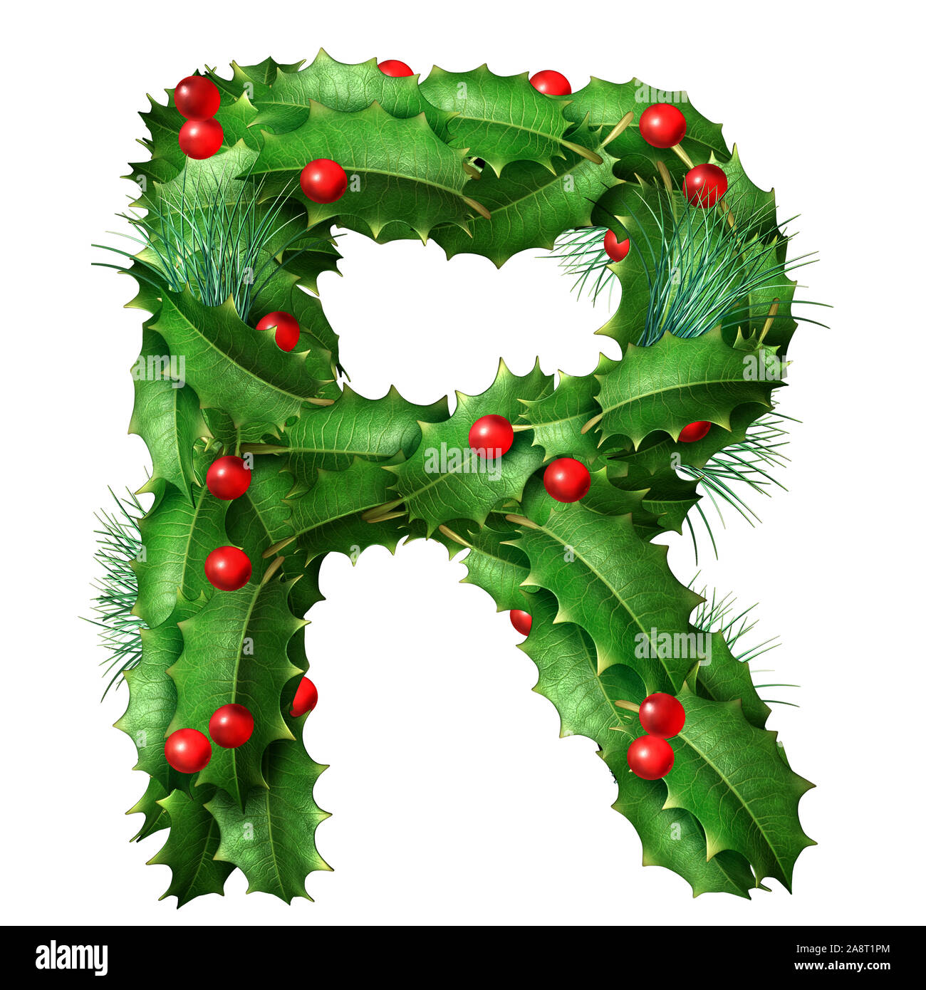 Holiday font letter R as a festive winter season decorated garland as a Christmas  or New Year seasonal alphabet lettering isolated on a white. Stock Photo