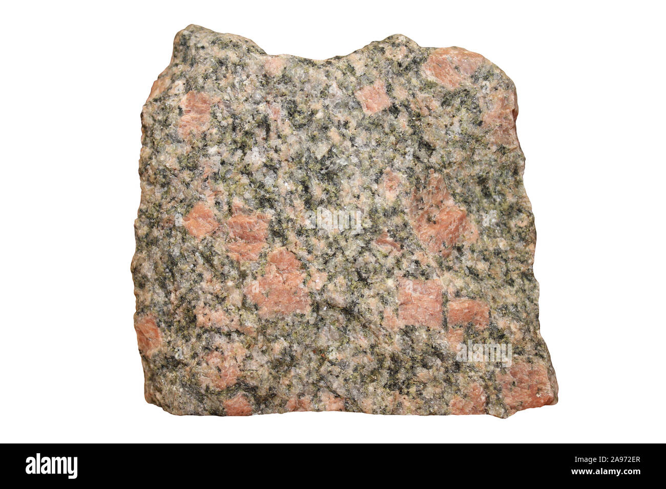 Granite Sample - with large phenocrysts of pink orthoclase feldspar and hornblende Stock Photo