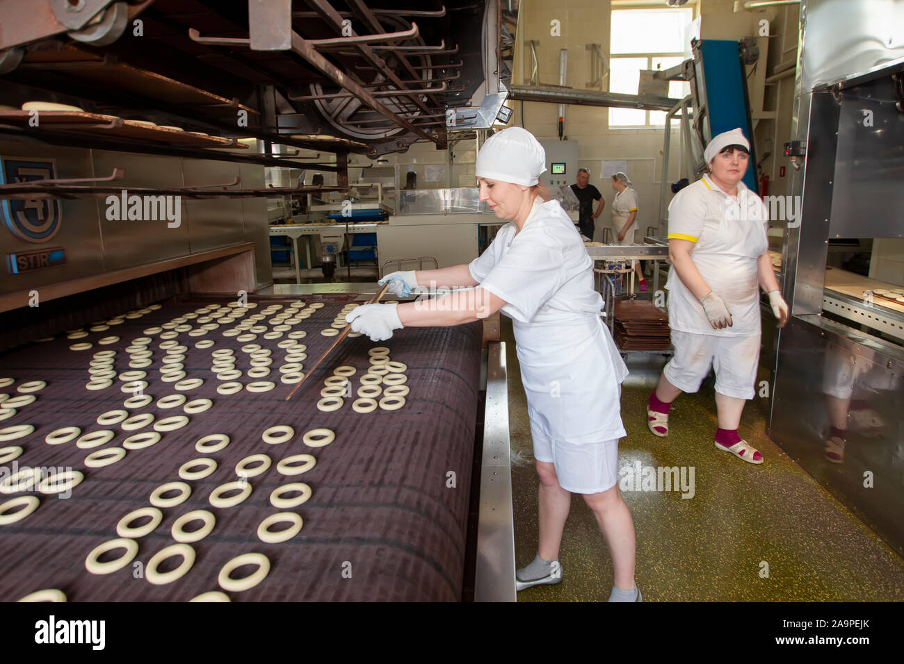 Belarus, the city of Gomil, April 25, 2019. Bakery. Workers at the bakery at work. Bakery production. Stock Photo