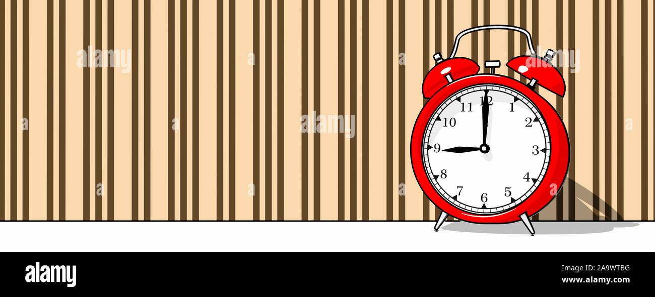 Retro vintage alarm clock against wallpaper background, pop art, cartoon, illustration Stock Photo