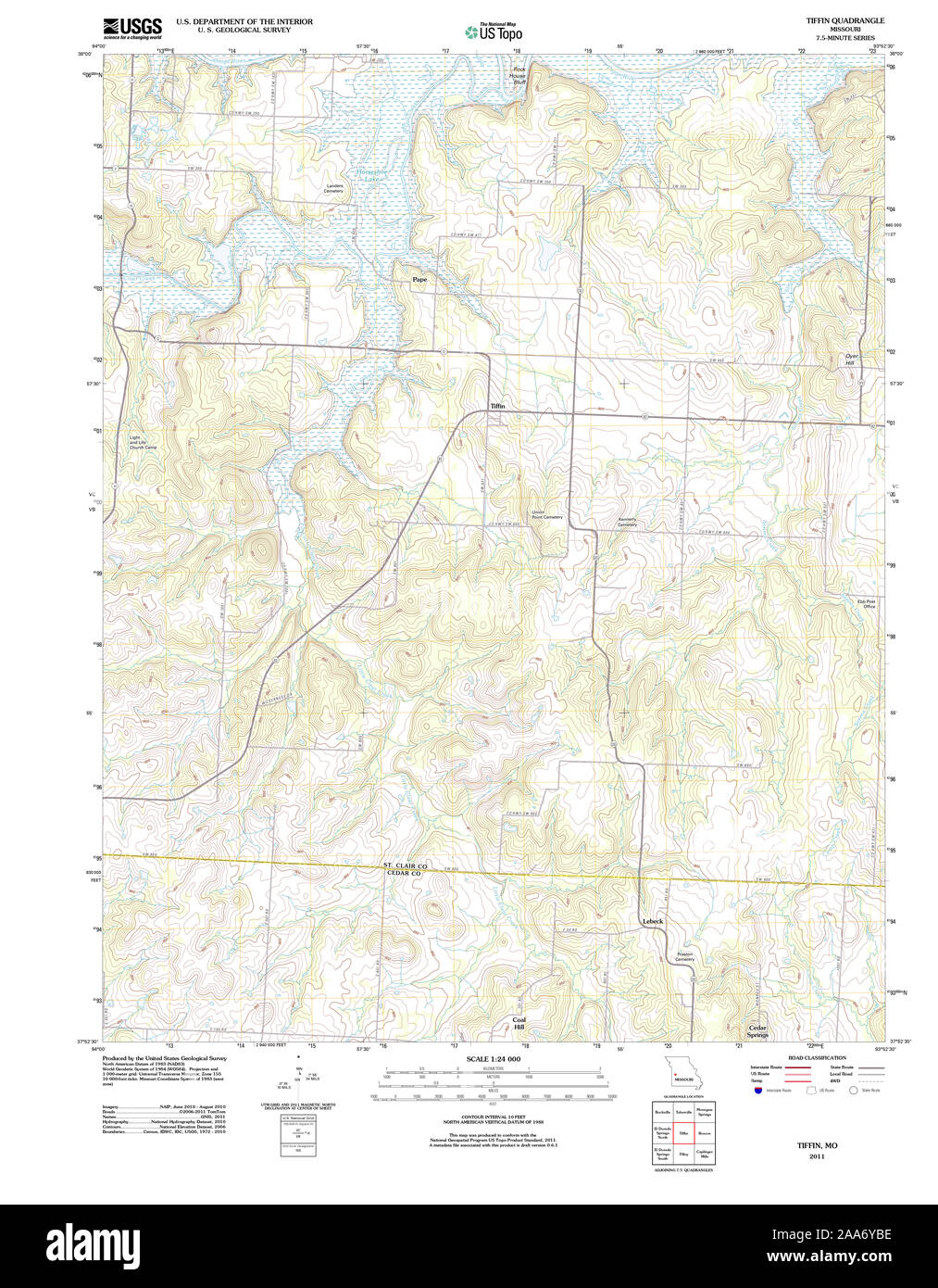 USGS TOPO Map Missouri MO Tiffin 20111209 TM Restoration Stock Photo