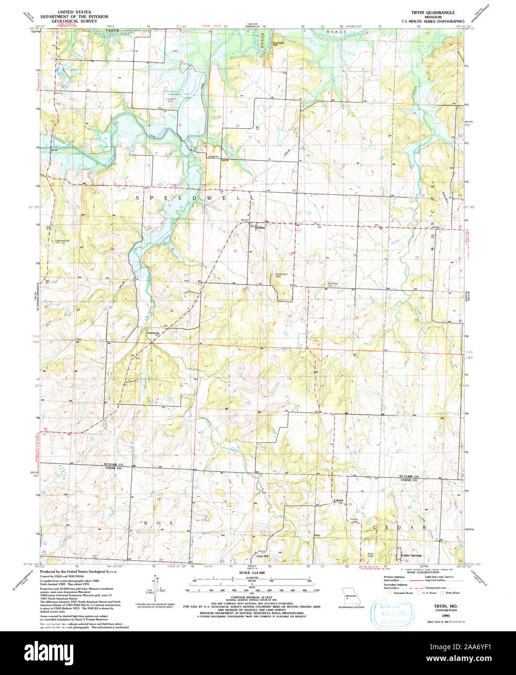 USGS TOPO Map Missouri MO Tiffin 324324 1991 24000 Restoration Stock Photo