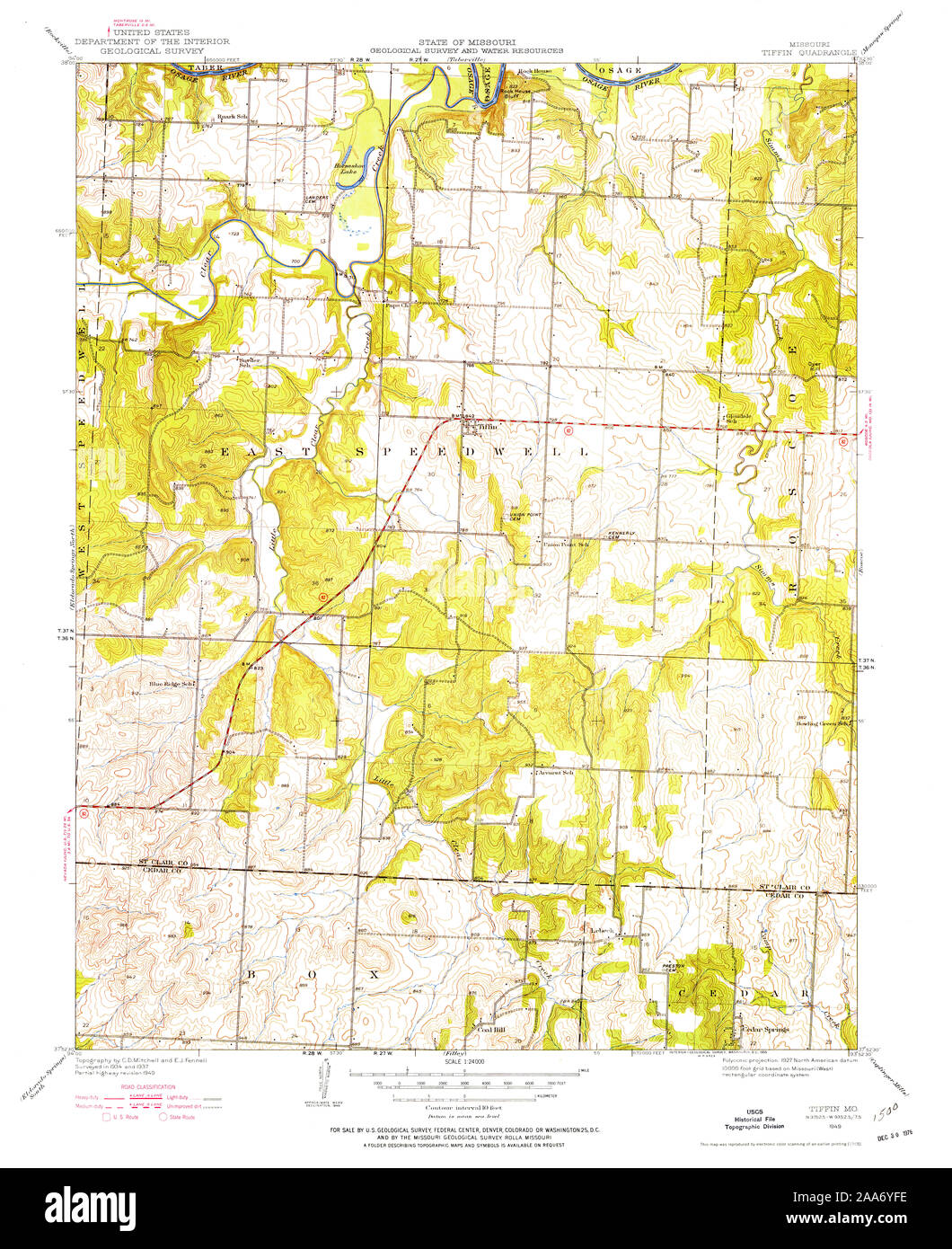 USGS TOPO Map Missouri MO Tiffin 324323 1949 24000 Restoration Stock Photo