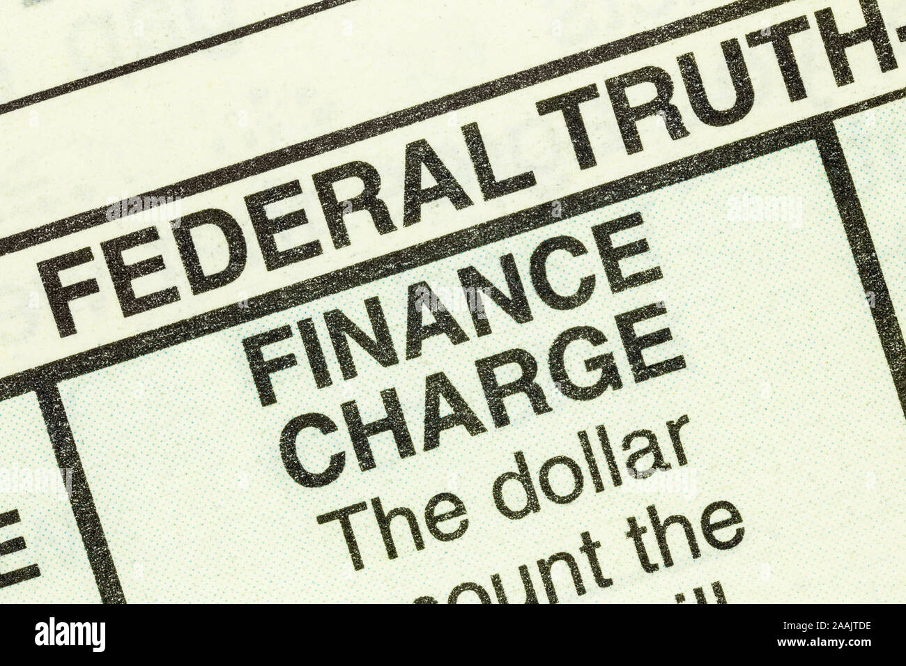 Close up macro view of finance charge detail in the standard federal truth in lending section on an automobile purchase form. Stock Photo