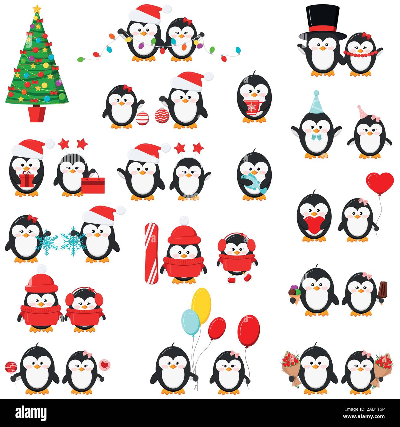 Cute penguin boy and girl set isolated on white background Stock Vector