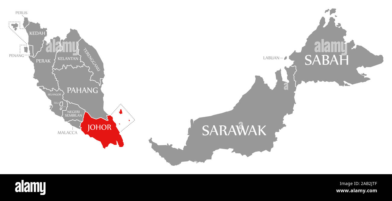 Johor red highlighted in map of Malaysia Stock Photo