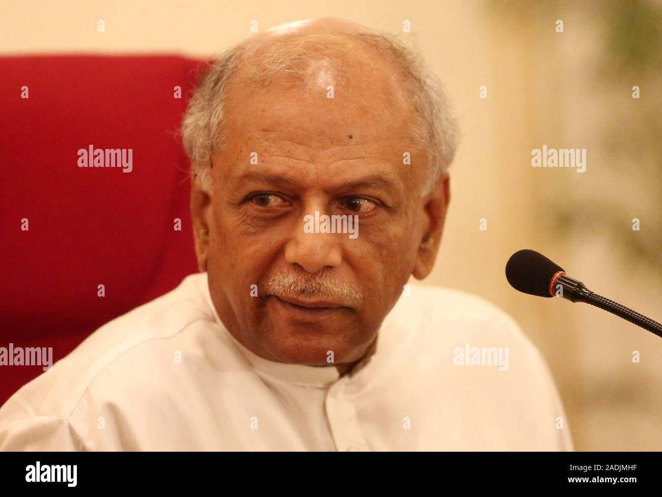 December 4, 2019, Colombo, Sri Lanka: Sri Lanka's new foreign minister Dinesh Gunawardena  speaks to media during  a press conference at the Ministry of Foreign Affairs in Colombo, Sri Lanka, Wednesday, December 04, 2019. Dinesh said the government has rejected a request from the Swiss Embassy to allow one of its employees to be flown out for medical treatment after a group allegedly abducted and threatened her to disclose embassy information. (Credit Image: © Pradeep Dambarage/ZUMA Wire) Stock Photo