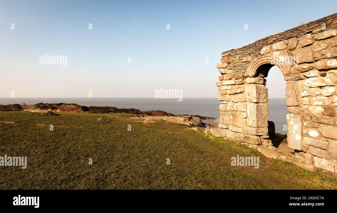 St. Patrick's Chapel, Heysham, UK. The remains of the 11th Century St. Patrick's Chapel overlooking Morecambe Bay in the North West of England. Stock Photo