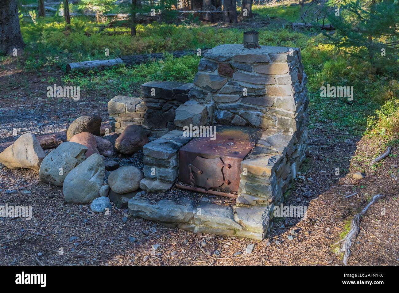 Wood camp stove in Thielsen Forest Camp, originally built by the Civilian Conservation Corps during the Great Depression, in Umpqua National Forest, O Stock Photo