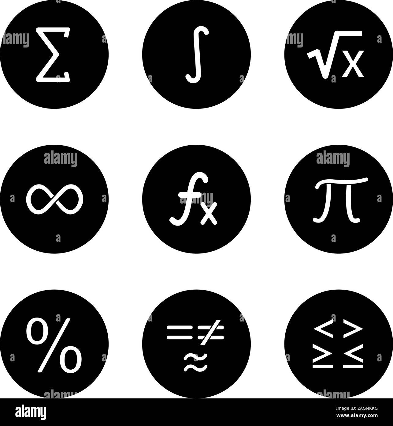 Mathematics glyph icons set. Math symbols. Algebra. Vector white silhouettes illustrations in black circles Stock Vector