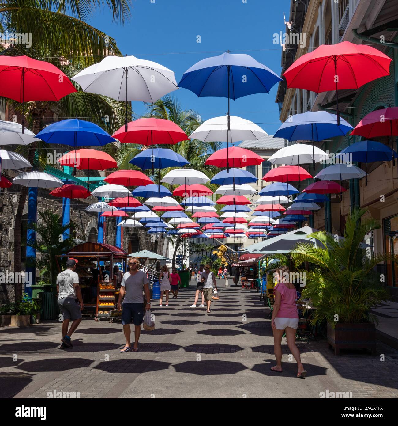 Umbrellas at Waterfront Center, Port Louis, Mauritius Stock Photo