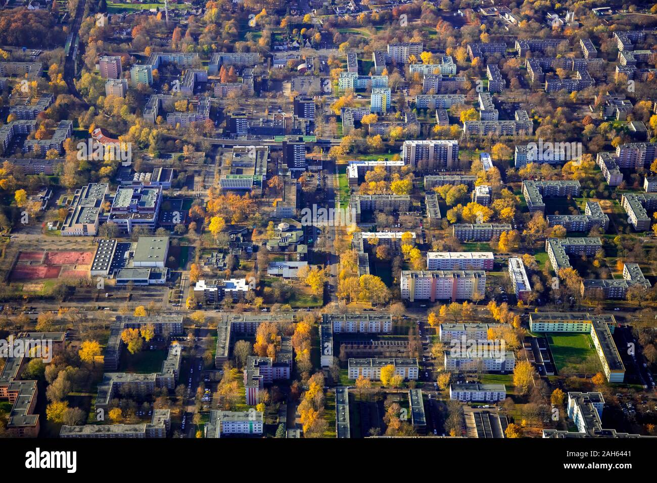 aerial photograph, high-rise housing estate in Dortmund-Scharnhorst, Dortmund, Ruhr area, North Rhine-Westphalia, Germany, DE, Europe, birds-eyes view Stock Photo