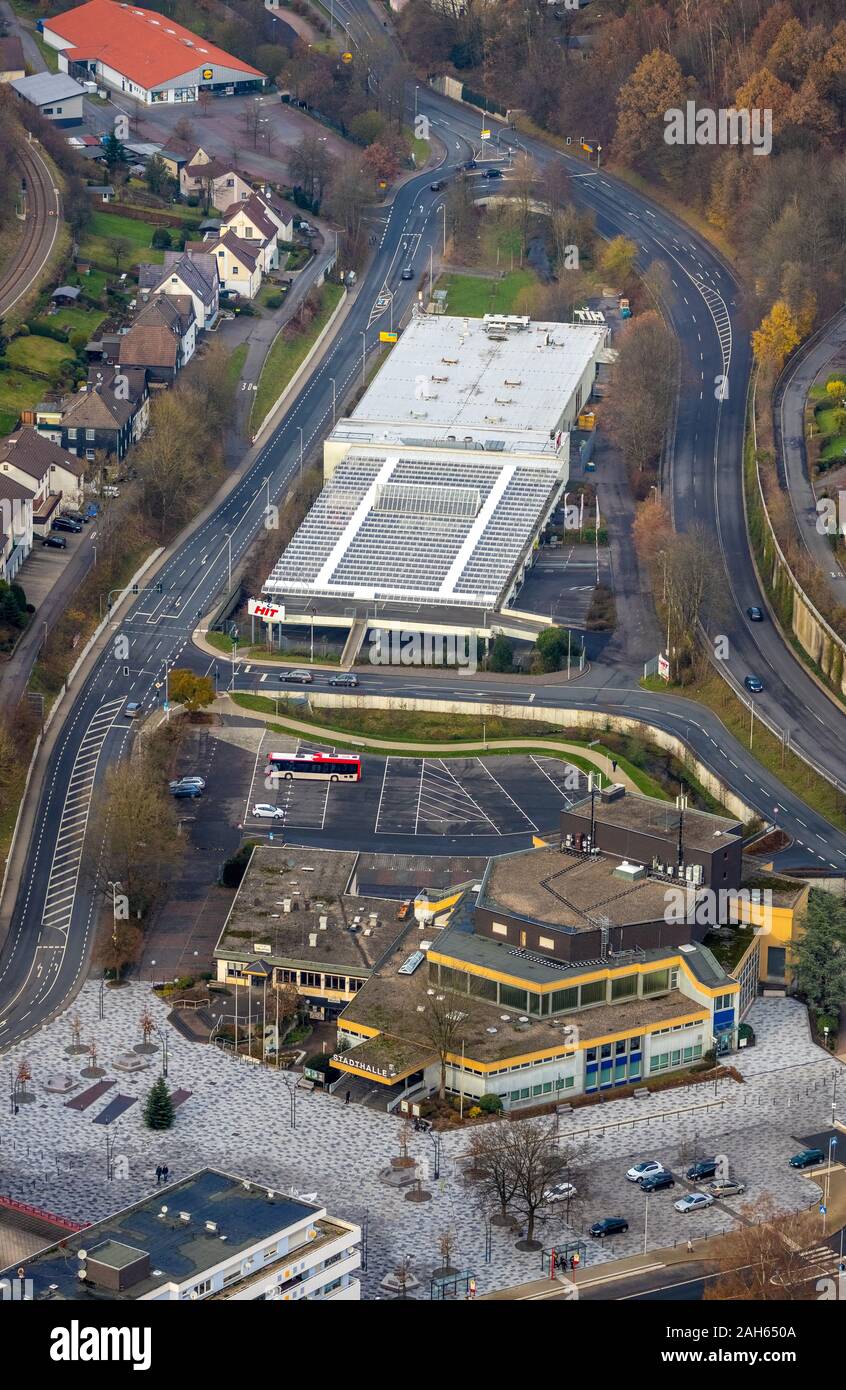 aerial photo, City Hall Meinerzhagen, Meinerzhagen, Sauerland, Märkischer Kreis, North Rhine-Westphalia, Germany, DE, Europe, birds-eyes view, aerial Stock Photo