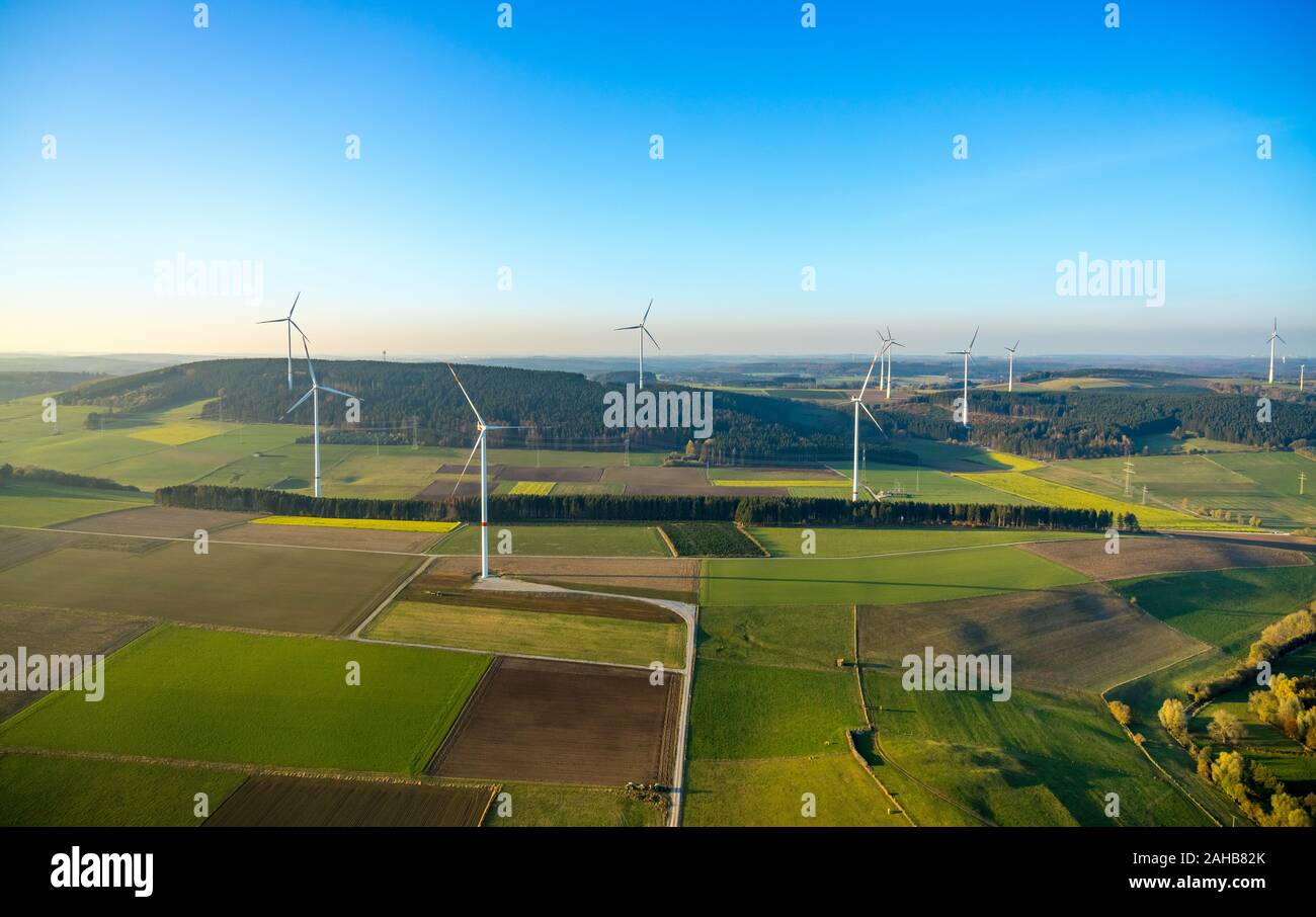 aerial photo, wind turbines, Goldbachtal, Brilon, Sauerland, North Rhine-Westphalia, Germany, DE, Europe, birds-eyes view, aerial photo, aerial photog Stock Photo