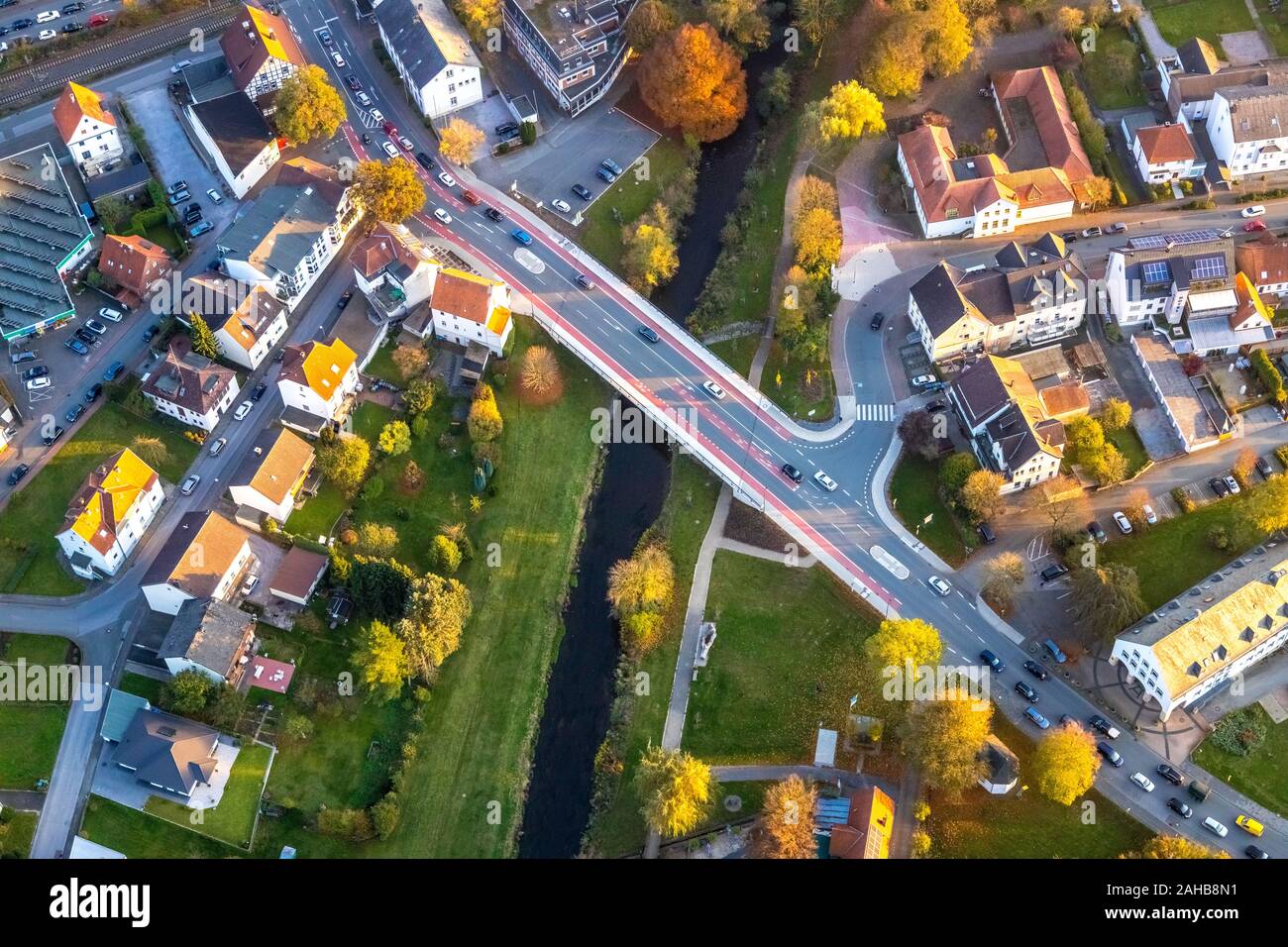 Aerial photograph, new bridge over the river Diemel, Marsberg, Sauerland, North Rhine-Westphalia, Germany, DE, Europe, birds-eyes view, aerial photogr Stock Photo