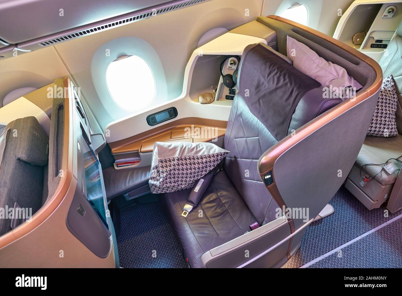 SINGAPORE - CIRCA APRIL, 2019: inside of Singapore Airlines Airlines A350. Stock Photo