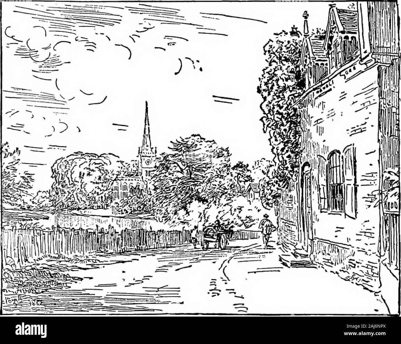 Shakespeare's England . ble. A few great elms, near by, are noddingand rustling in the wind, and once or twice a drowsybird-note floats up from the neighbouring thicket thatskirts the vacant, lonely road. There, at some distance,are the dim arches of Cloptons Bridge. In front — agraceful, shapely mass, indistinct in the starlight—risesthe fair Memorial, Stratfords honour and pride. Fur-ther off, glimmering through the tree-tops, is the duskyspire of Trinity, keeping its sacred vigil over the dustof Shakespeare. Nothing here is changed. The sametranquil beauty, as of old, hallows this place; th Stock Photo