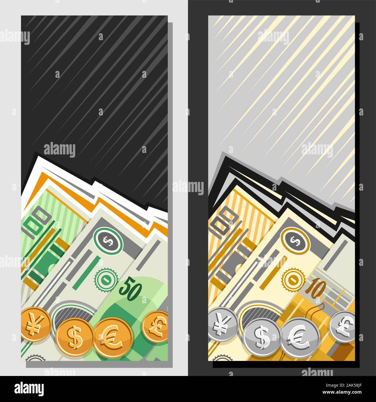 Vector layouts for Currency Exchange, cartoon paper banknotes of 100 european euro, dollar usa and swiss franc, illustration of different golden and s Stock Vector