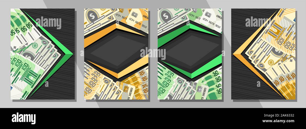 Vector set of Covers for Currency Exchange with copy space, decorative banners with cartoon paper banknotes of dollar usa, plastic debit cards, 100 eu Stock Vector