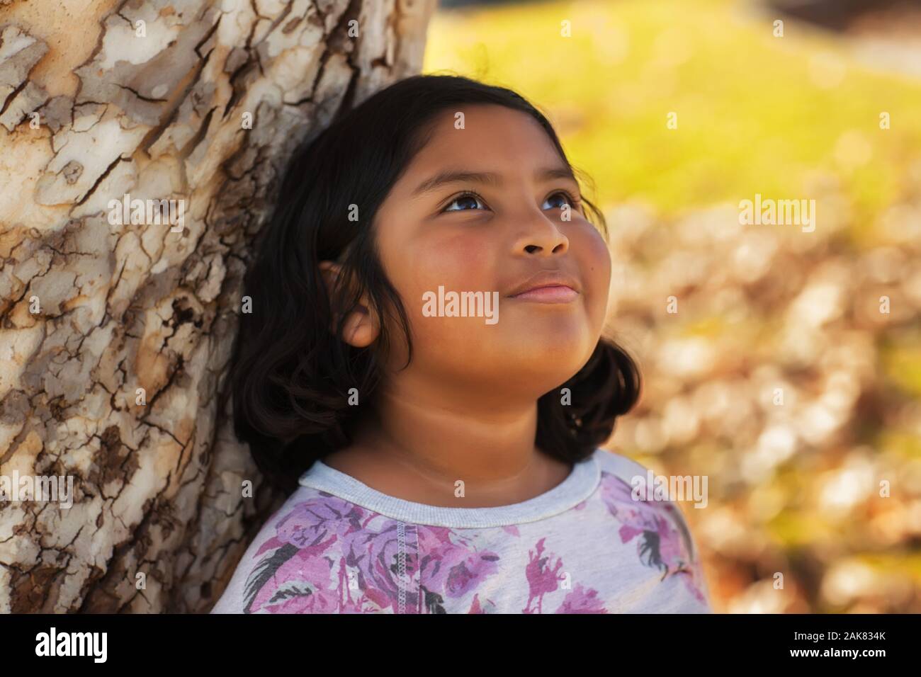 A latino girl with a gentle smile, leaning on a tree and looking up at the sky with a sense of hope. Stock Photo