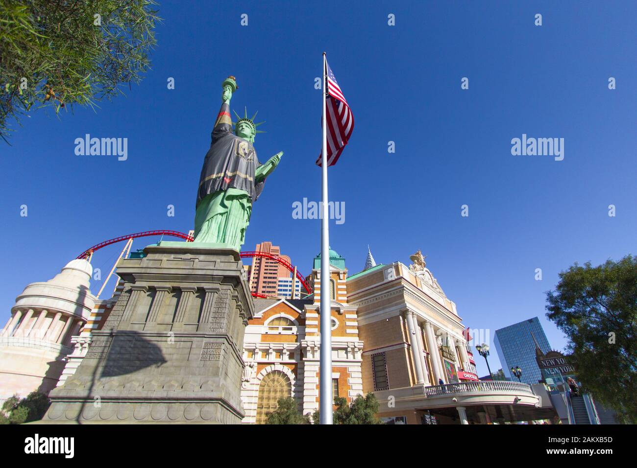 Las Vegas, Nevada - Exterior of the New York New York Resort and Casino on the Las Vegas Strip with Statue of Liberty replica and American Flag. Stock Photo