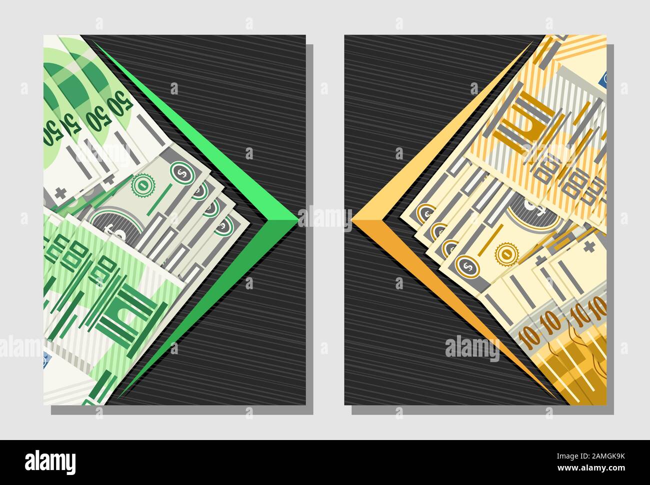 Vector set of Covers for Currency Exchange with copy space, decorative banners with cartoon paper banknotes of dollar usa, 100 european euro on gray a Stock Vector