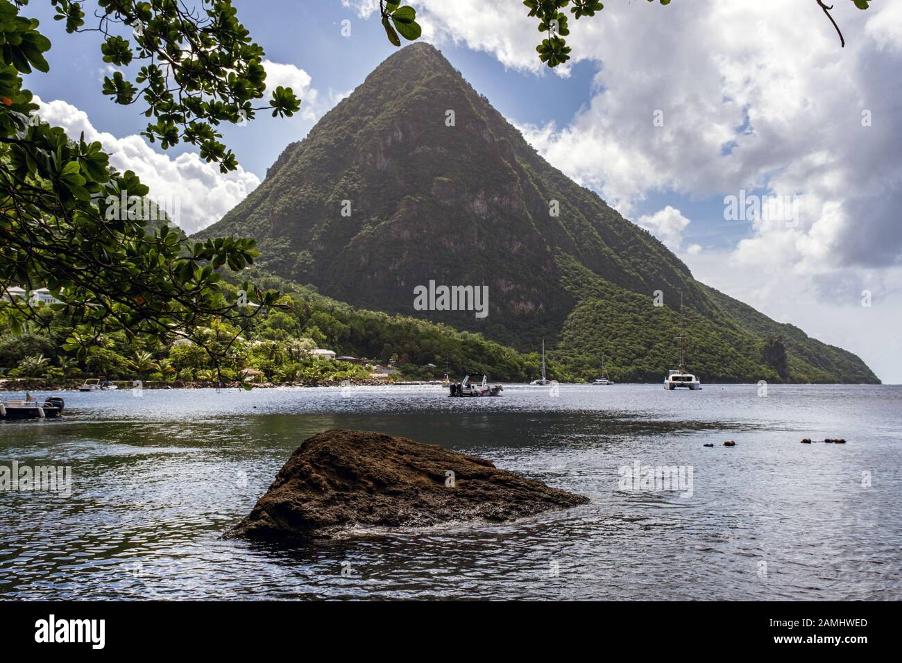 View of Gros Piton across Piton Bay, UNESCO World Heritage Site, St. Lucia, West Indies, Caribbean Stock Photo