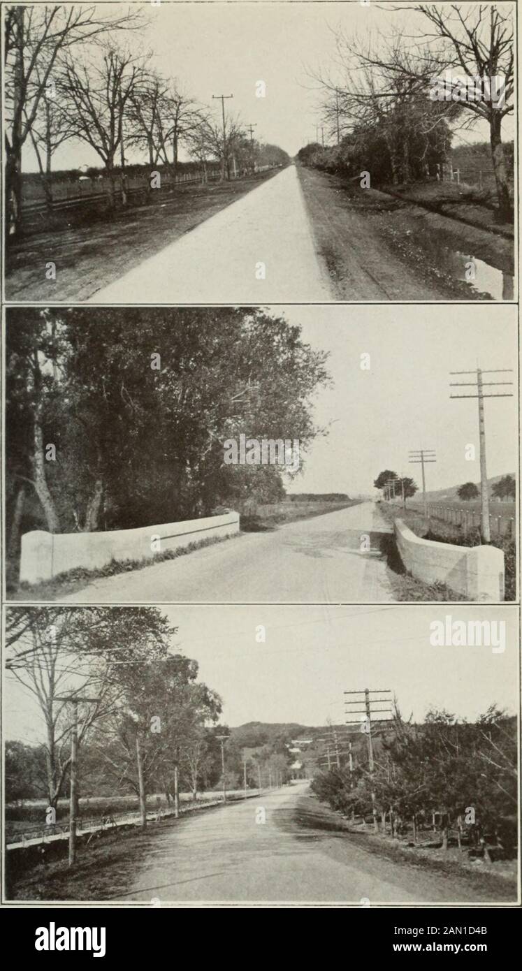 Appendix to the Journals of the Senate and Assembly of the ..session of the Legislature of the State of California . Top—Pit River Bridge.Middle—Stoney Creek Bridge.Bottom—Atascadero Bridge,(p. 106) PLATE XXXV.. Top—View on state highway in Butte County.Middle—View on state highway in Alameda County.Bottom—View on state highway in Marin County.iv. 197) STATE HIGHWAYS. 197 The state highway routes in a number of counties include a consider-able mileage of roads improved by county bond issues or otherwise. Thefollowing table indicates such of these improved roads as have been takenover by the De Stock Photo