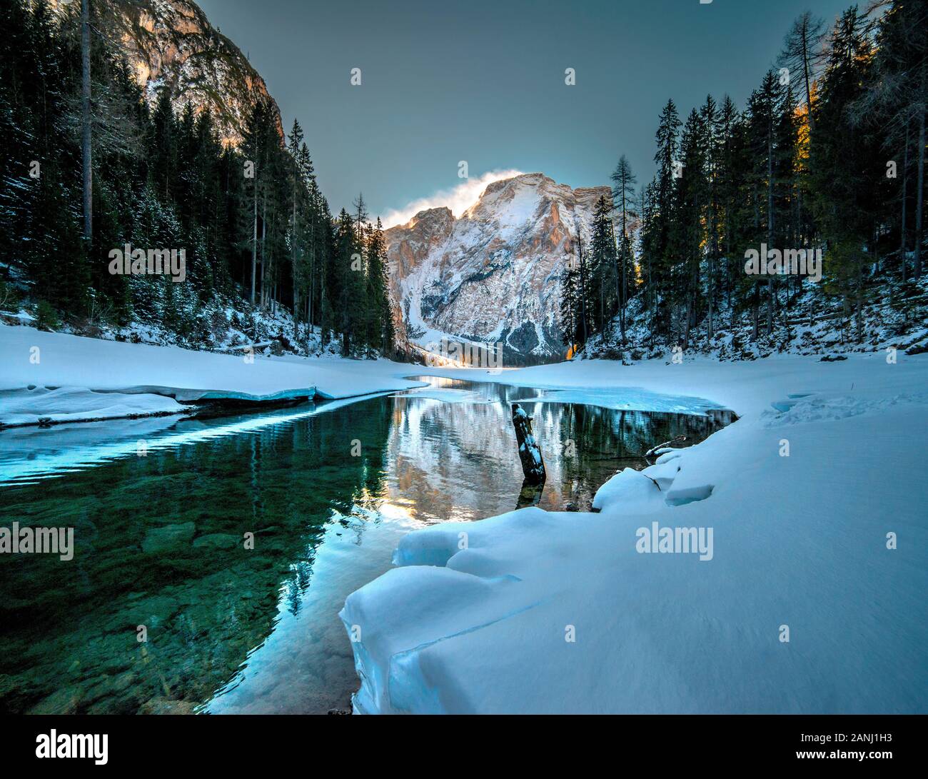 Lago di Braies, Dolomiti, frozen lake with shiny ice Stock Photo