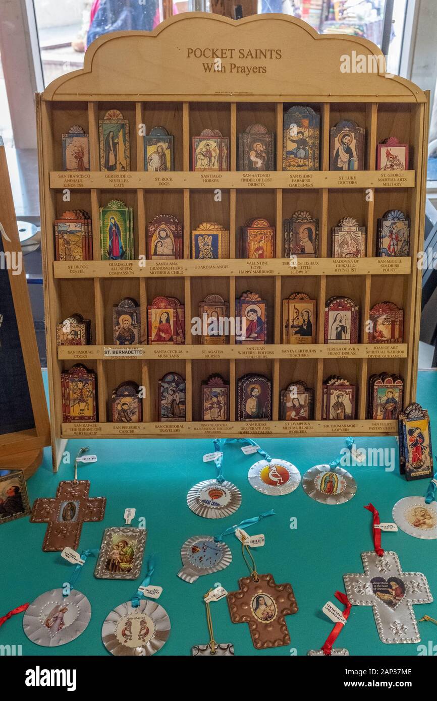 'Pocket Saints' with prayers sold in Old Town Albuquerque, New Mexico Stock Photo