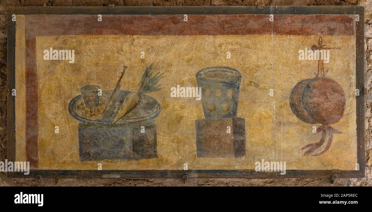 Rome. Italy. Ostia Antica. Caseggiato del Termopolio, Thermopolium (House of the Bar). Painting depicting foodstuffs possibly available at the bar. Stock Photo