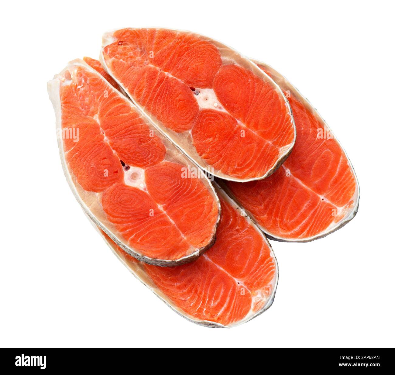 Fresh Raw Salmon Red Fish Steak isolated on a White Background. Stock Photo