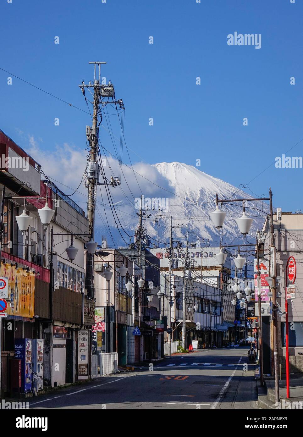 Gotemba, Japan - Jan 1, 2016. Gotemba Township with Mt. Fuji background. Gotemba is a city on the southeastern flank of Mount Fuji in Shizuoka Prefect Stock Photo